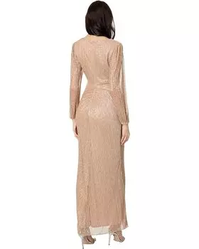 Платье Adrianna Papell Long Sleeve Crinkle Metallic Side Draped Gown, цвет Light Gold