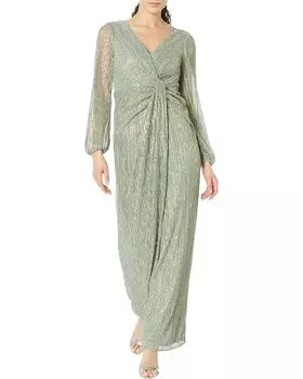 Платье Adrianna Papell Long Sleeve Crinkle Metallic Gown with Draped Waist Detail, цвет Green Slate