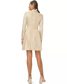 Платье Adrianna Papell Long Sleeve Stretch Metallic Mock Wrap Tuxedo Dress, золотой