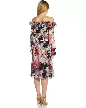 Платье Adrianna Papell Printed Chiffon Flora Off-the-Shoulder Ruffle Dress with Long Sleeves, черный мульти