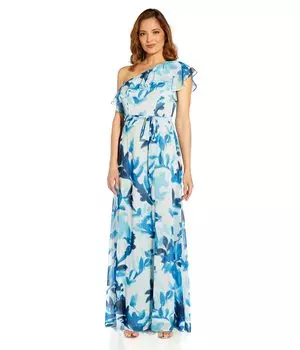 Платье Adrianna Papell, Printed Chiffon Metallic Clip Dot One Shoulder Gown