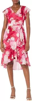 Платье Adrianna Papell Printed Floral Chiffon Side Wrap Dress with Cascade Ruffle, цвет Pink Multi