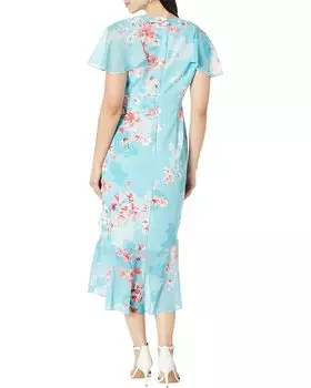 Платье Adrianna Papell Printed Floral Flutter Sleeve Dress with Cascade & Ruffle Hem, цвет Aqua Multi