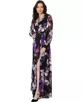 Платье Adrianna Papell Printed Floral Long Sleeve Shirt Gown, черный