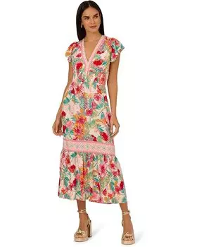 Платье Adrianna Papell Printed Midi Dress, цвет Pink-Green Multi