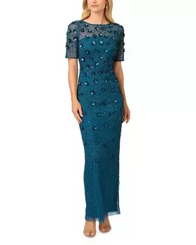 Платье Adrianna Papell с объемным цветочным принтом и бисером, синий