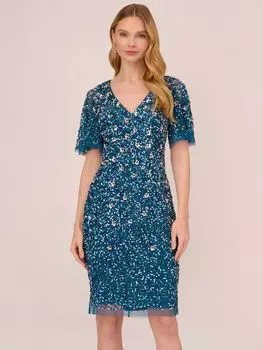 Платье Adrianna Papell с V-образным вырезом и цветочным принтом из бисера, Бирюзовый сапфир