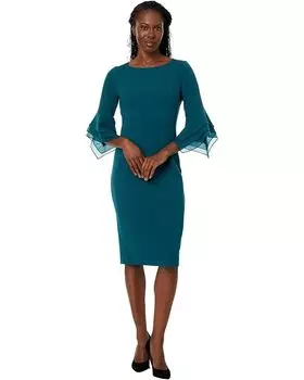 Платье Adrianna Papell Stretch Knit Crepe Sheath Dress with Tiered Organza Bell Sleeve, цвет Hunter