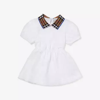 Платье Alesea из хлопкового пике с клетчатым воротником и расклешенным краем, 6–24 месяца Burberry, белый