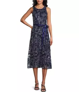 Платье Alex Evenings для миниатюрных размеров из эластичного тюля с цветочным принтом, без рукавов, с круглым вырезом, с высокой и низкой завязкой на талии, расклешенное платье, цветочный