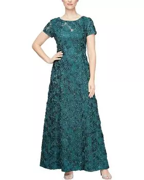 Платье Alex Evenings Long A-Line Rosette with Sequin Detail, цвет Emerald Green