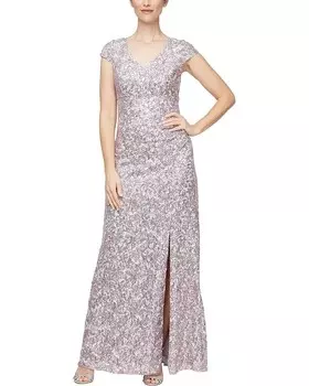 Платье Alex Evenings Long Corded Lace with Surplice Neckline, цвет Mauve