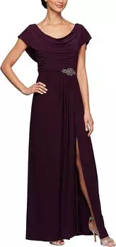 Платье Alex Evenings Long Cowl Neck A-Line Dress with Beaded Detail at Waist, цвет Eggplant