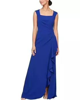 Платье Alex Evenings Long Crepe with Square Neck and Cascade Ruffle Detail, цвет Royal