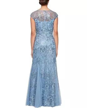Платье Alex Evenings Long Embroidered Fit and Flare Gown, цвет Vintage Blue