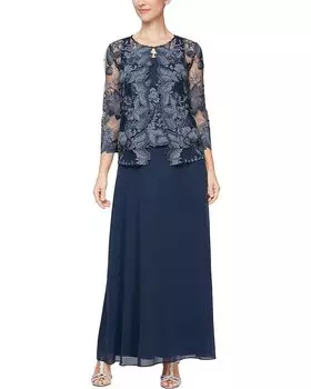 Платье Alex Evenings Long Embroidered Jacket, темно-синий