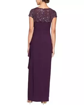Платье Alex Evenings Long Empire Waist Dress with Cascade Skirt and Embroidered Neckline, цвет Eggplant