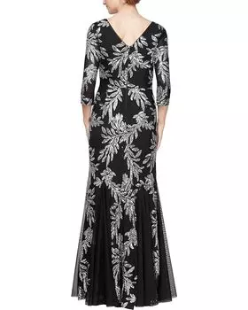 Платье Alex Evenings Long Fit-and-Flare Dress with Godet Detail Skirt and 3/4 Sleeves, цвет Black/Pewter