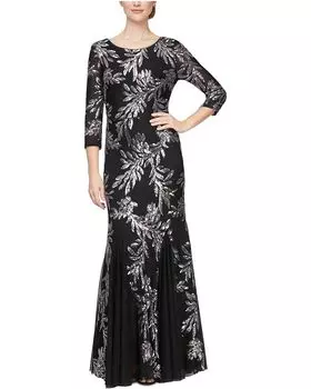 Платье Alex Evenings Long Fit-and-Flare with Godet Detail Skirt and 3/4 Sleeves, цвет Black/Pewter