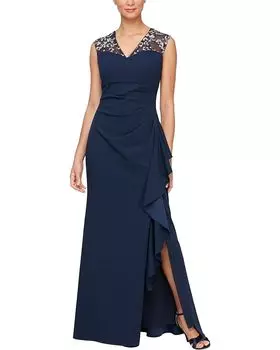 Платье Alex Evenings Long Matte Jersey with Embroidered Illussion Neckline, темно-синий