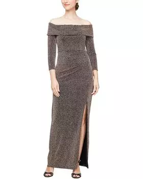 Платье Alex Evenings Long Metallic Knit Off-the-Shoulder w/ Long Sleeves & Leg Slit, черный