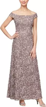 Платье Alex Evenings Long Soutache Lace off the Shoulder, цвет Mink