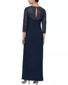 Платье Alex Evenings Long Surplice Neckline Dress w/ Knot Front, Embroidered Illusion Sleeves, темно-синий