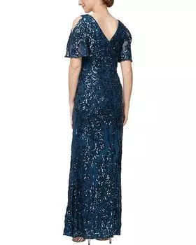 Платье Alex Evenings Long V-Neck A-Line Dress with Cold Shoulder Flutter Sleeves, цвет Deep Ocean