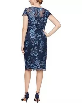 Платье Alex Evenings Midi Length Embroidered Cap Sleeve Dress with Illusion Neckline and Scallop Detail Hem, темно-синий