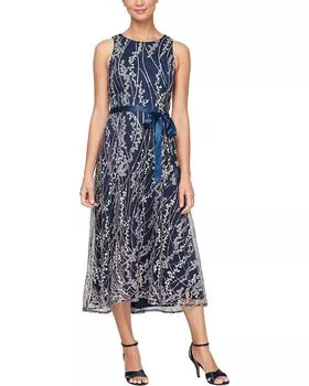 Платье Alex Evenings Midi Length Embroidered with Satin Tie Belt, темно-синий
