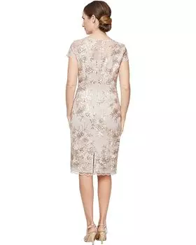 Платье Alex Evenings Midi Length Embroidered Cap Sleeve Dress with Illusion Neckline and Scallop Detail Hem, цвет Champagne