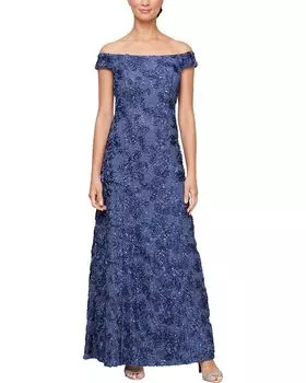 Платье Alex Evenings Off-the-Shoulder Long Rosette Lace A-Line, цвет Violet