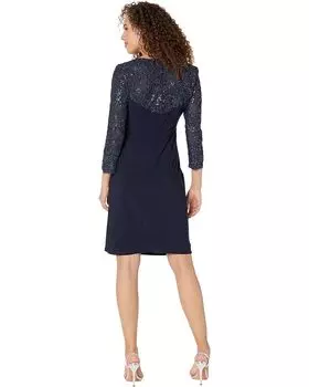 Платье Alex Evenings Short Surplice Neckline Sheath Dress w/ Embroidered Illusion Sleeve, темно-синий