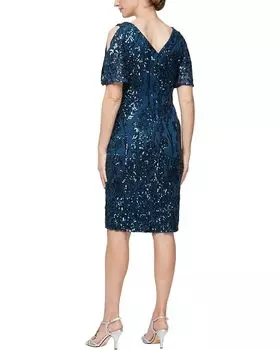 Платье Alex Evenings Short V Neckline Sheath Dress with Cold-Shoulder Flutter Sleeves, цвет Deep Ocean