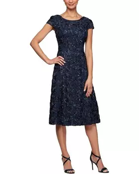 Платье Alex Evenings Tea Length A-Line Rosette Dress, темно-синий