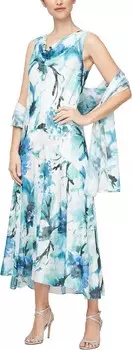 Платье Alex Evenings Tea Length Chiffon Burnout High-Low Dress with Chiffon Shawl, цвет Seafoam