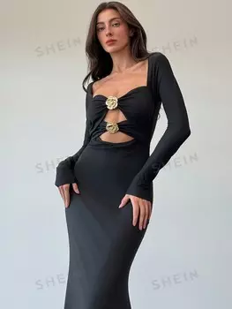 Платье Aloruh с рукавами, V-образным вырезом, открытой спиной, узором крест-накрест для выпускного вечера и вечеринок Shein, черный