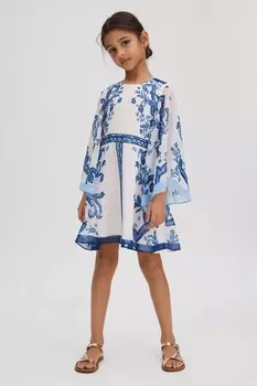 Платье Andra с плиточным принтом и расклешенными рукавами Reiss, синий