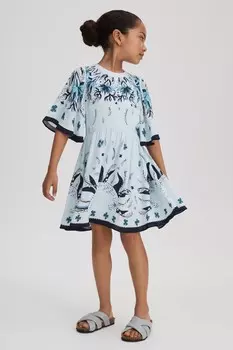 Платье Ania с принтом и расклешенными рукавами Reiss, синий