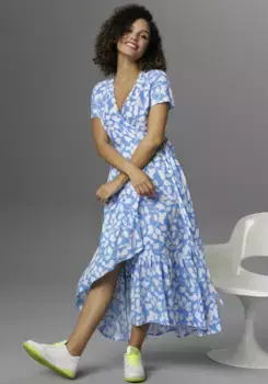 Платье Aniston CASUAL с запахом и графическим принтом в виде листьев, белый