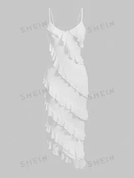 Платье асимметричное Shein Mod с оборками на тонких бретельках, белый