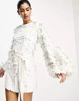 Платье Asos Design all over feather sequin embellished long sleeved, белый