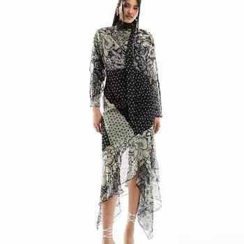 Платье Asos Design Chiffon Tie Neck Waisted With Asymmetric Hem Detail, мультиколор