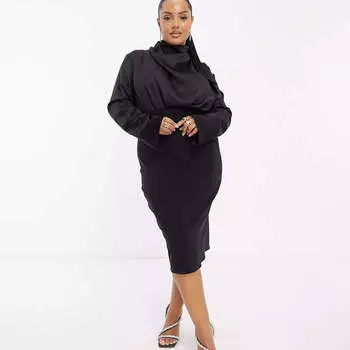 Платье Asos Design Curve High Neck Satin Midi With Structured Skirt, черный