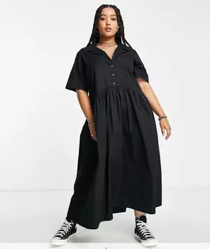Платье Asos Design Curve Twill Collared Button Midi Smock, черный