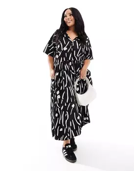 Платье Asos Design Curve Twill Collared Button Midi Smock, черный, белый
