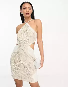 Платье Asos Design embellished halter with pearl detail, белый