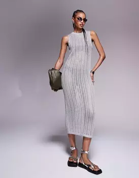 Платье Asos Design Knitted Column Midaxi In Metallic Yarn, серебристый