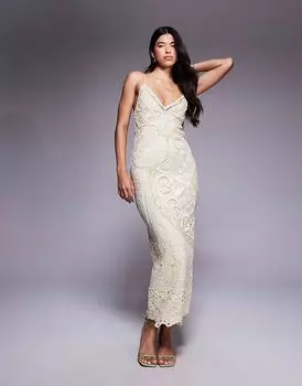 Платье ASOS DESIGN lace applique embellished cami maxi in yellow