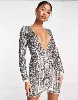 Платье Asos Design long sleeve with mosaic embellishment, монохром